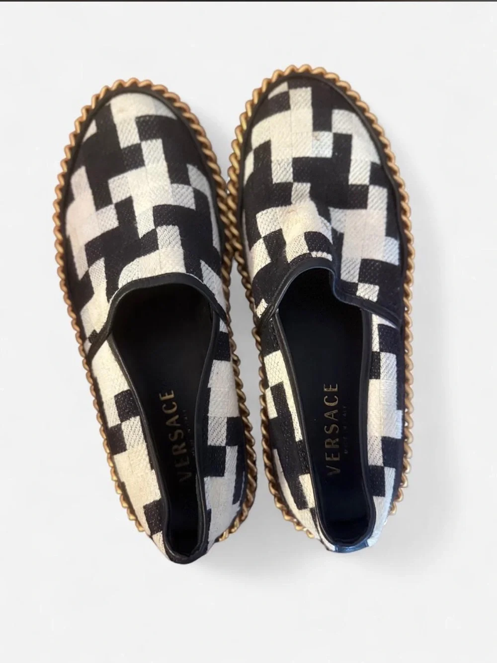 Versace Black and White Chain-Trim Slip-On Flats